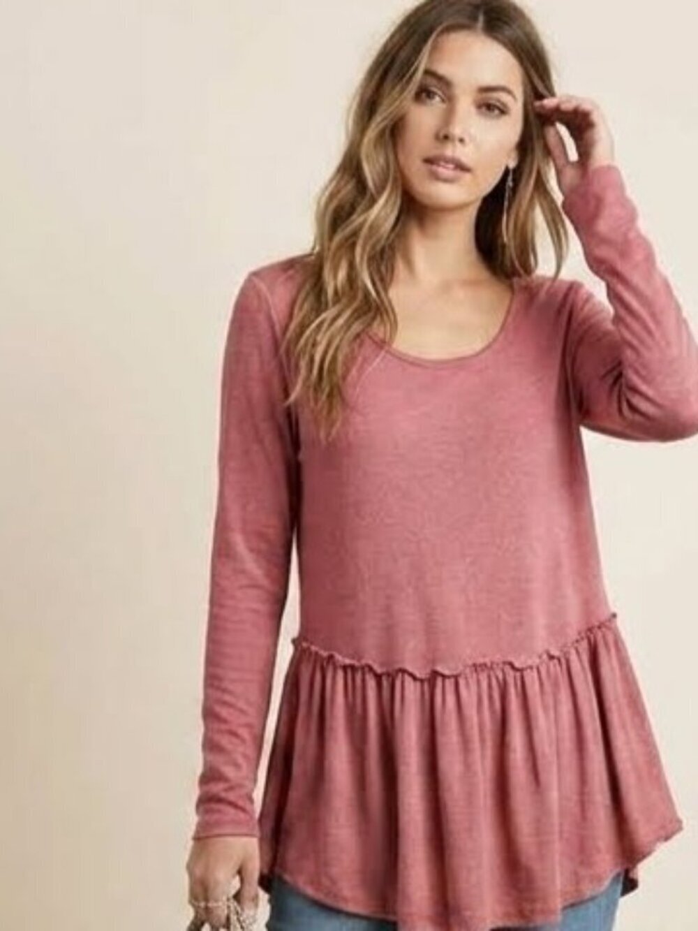 Umgee Women SZ S Rose Long Sleeve Peplum Scoop Neck Loose Fit Cotton Blend Top